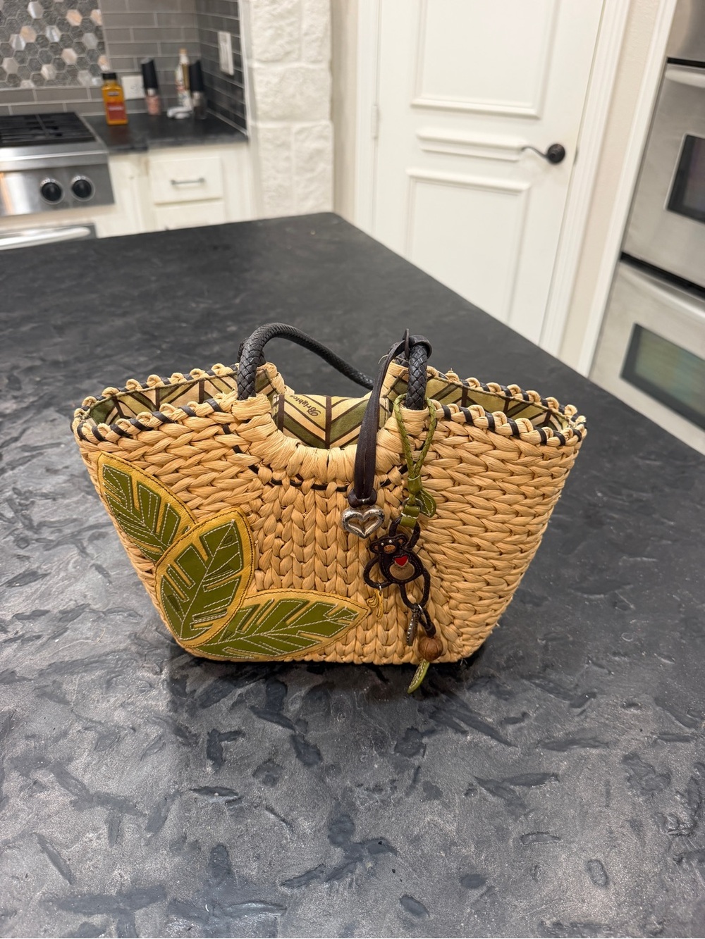 Brighton Natural Straw Tote with Green Leaf Appliqué and Dark Brown Handles